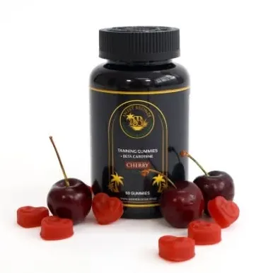 Sweet Bronze cherry tanning gummies with fresh cherries